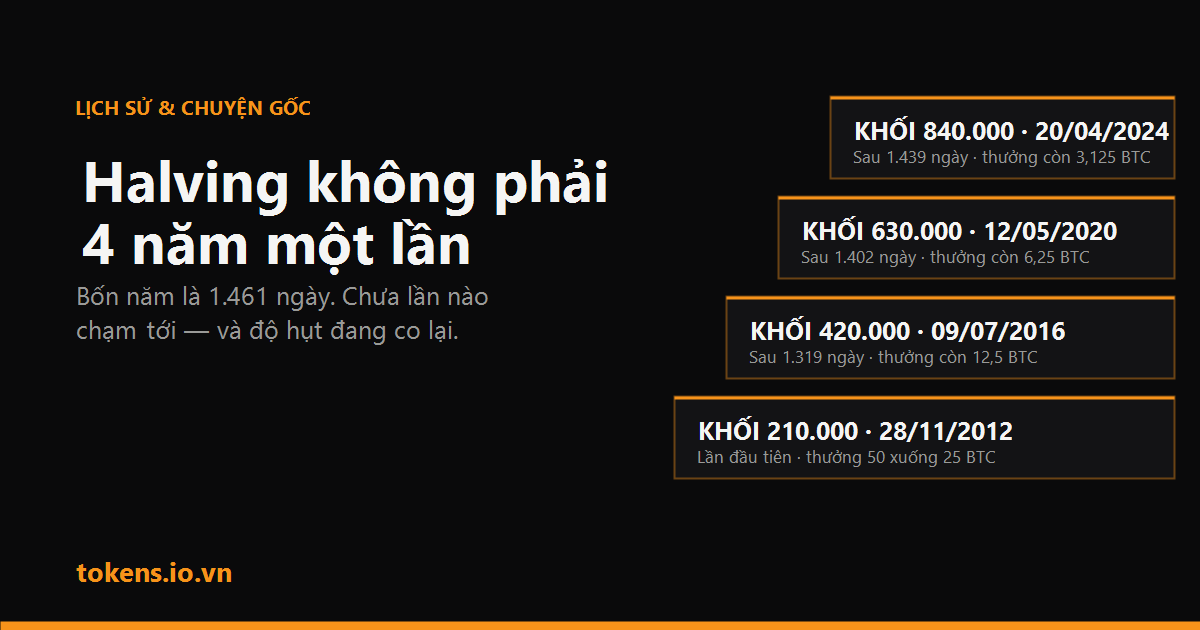 Bìa: Halving không phải 4 năm một lần — sổ cái ghi 1.319 rồi 1.402 rồi 1.439 ngày